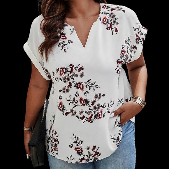Plus Size V Neck Floral Printed Blouse Sh Sleeve White Burgundy Flowers OXL-4XL - Picture 1 of 4